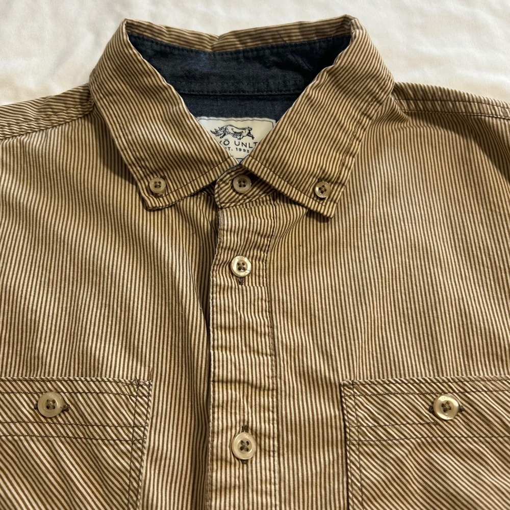 Ecko Unltd Mens Small Brown White Striped Short Sleeve Button Down Shirt Cotton